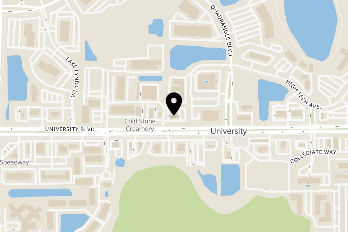 Map showing the location of Azteca D'Oro Mexican Restaurant UCF on 11633 University Blvd in Orlando